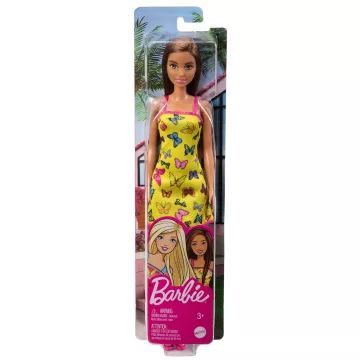 Barbie: Lutka s temnorjavimi lasmi v rumeni obleki z motivom metuljev - .slika