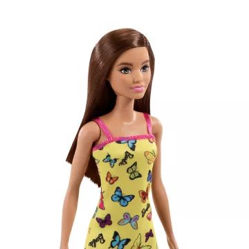 Barbie: Lutka s temnorjavimi lasmi v rumeni obleki z motivom metuljev - .slika