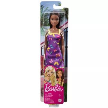 Barbie: Temnolasa lutka v vijolični obleki z metuljčkastim vzorcem - .slika