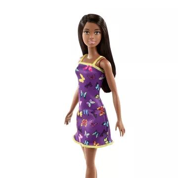 Barbie: Temnolasa lutka v vijolični obleki z metuljčkastim vzorcem - .slika