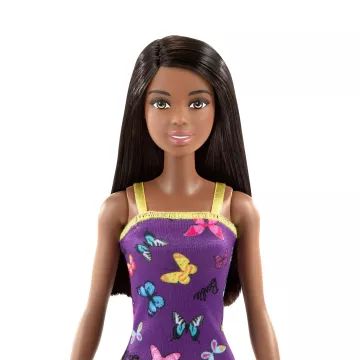 Barbie: Temnolasa lutka v vijolični obleki z metuljčkastim vzorcem - .slika