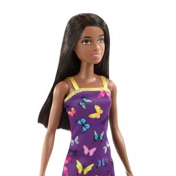 Barbie: Temnolasa lutka v vijolični obleki z metuljčkastim vzorcem - .slika