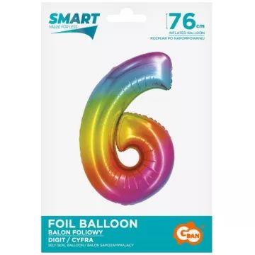 Globo de foil en color arcoíris, 76 cm - número 6 - .imagen