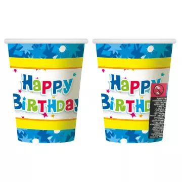Set de 6 pahare carton cu inscripție Happy Birtday - albastru - .foto