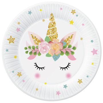 Juego de 6 platos de cartón con diseño de unicornio y flores - 18 cm