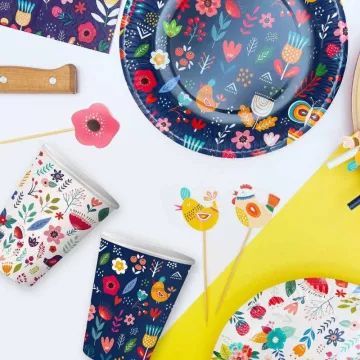 Kubek papierowy z motywem kwiatów i ptaków, biały - 250 ml, 6 sztuk - .zdjęcie 