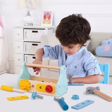 Tooky Toy: Przenośny drewniany zestaw majsterkowicza - 18 elementów - .zdjęcie 