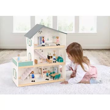 Tooky Toy: Kétemeletes babaház figurákkal, fa - . kép