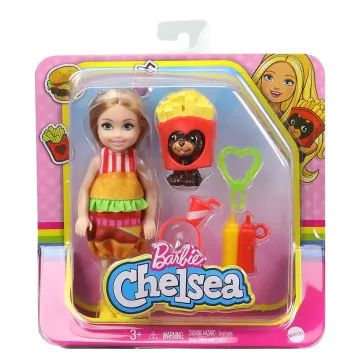 Barbie Chelsea klubs: Blondīne lelle hamburgera kostīmā ar suņa figūriņu - .attēls