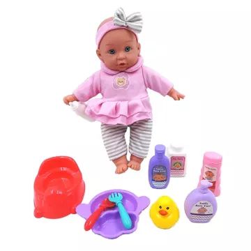 Interaktív játékbaba csíkos nadrágban, kiegészítőkkel - 35 cm - . kép