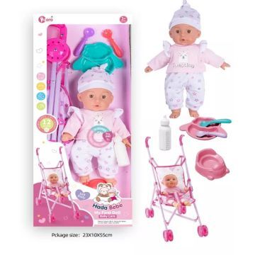 Poupon avec poussette et accessoires - 35 cm, avec bonnet blanc - .image