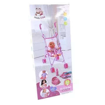 Spielpuppe mit Puppenwagen und Zubehör – 35 cm, mit weißer Mütze - . bild aus
