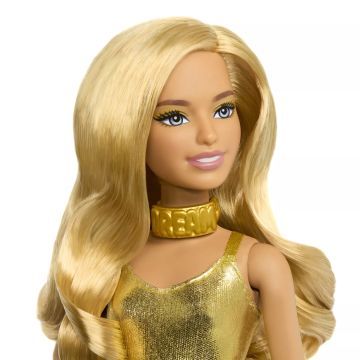 Barbie: Fashionista barátnők stílusos divatbaba - 65. évfordulós baba arany ruhában - . kép