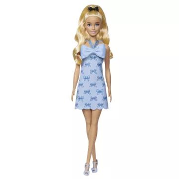 Barbie Fashionista: Priateľky štýlová bábika v modrých šatách s mašľou - .Obrázok