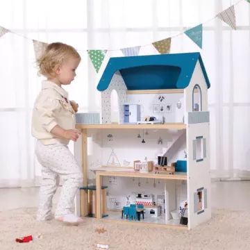 Tooky Toy: Dwupiętrowy domek dla lalek z figurkami, drewniany - .zdjęcie 
