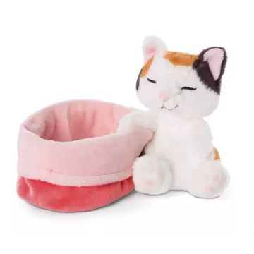 Nici: Pisică tricoloră de pluș adormită în coș - 12 cm - .foto