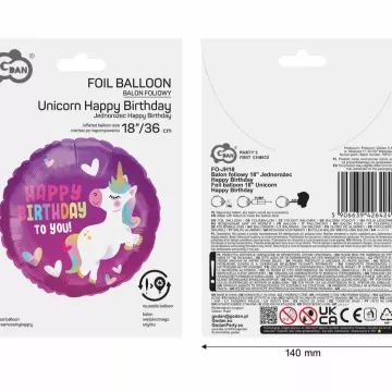 Globo de foil de cumpleaños con diseño de unicornio - 36 cm - .imagen