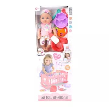 Hangot adó játékbaba kisággyal - 30 cm-es - . kép