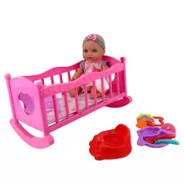 Hangot adó játékbaba kisággyal - 30 cm-es - . kép