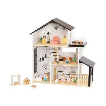 Tooky Toy: Casa delle bambole a due piani con terrazza in legno - .immagine