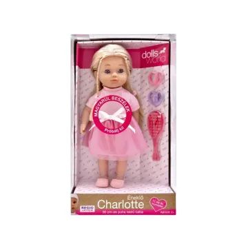Păpușa Charlotte care vorbește maghiară, îmbrăcată într-o rochiță roz - în limba maghiară - .foto