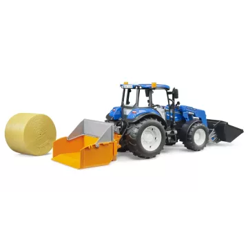 Bruder New Holland T5.120 cu încărcător frontal, ladă de încărcare, furcă și 1 balot rotund - .foto