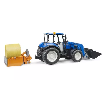 Bruder New Holland T5.120 cu încărcător frontal, ladă de încărcare, furcă și 1 balot rotund - .foto