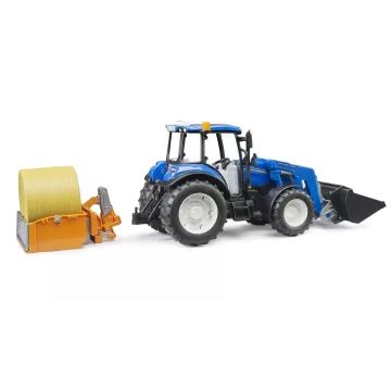 Bruder New Holland T5.120 homlokrakodóval, rakodódobozzal, villával és 1 körbálával - . kép