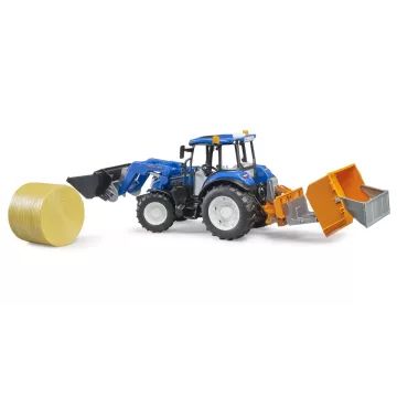 Bruder New Holland T5.120 esilaaduriga, koormakastiga, kahvliga ja 1 ümarheinapalliga - .pilt
