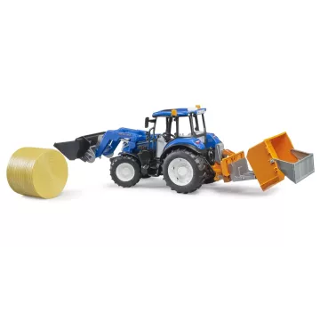 Bruder New Holland T5.120 homlokrakodóval, rakodódobozzal, villával és 1 körbálával - . kép