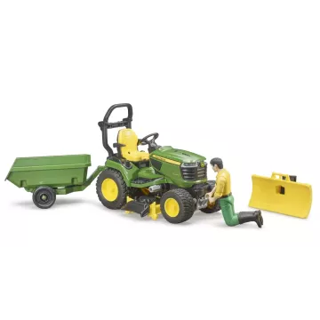 Bruder bworld John Deere fűnyíró traktor pótkocsival és kertésszel - . kép