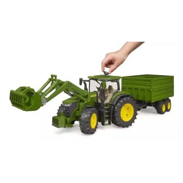 Trator Bruder John Deere 7R 350 com carregador frontal e reboque basculante de dois eixos - .Imagem